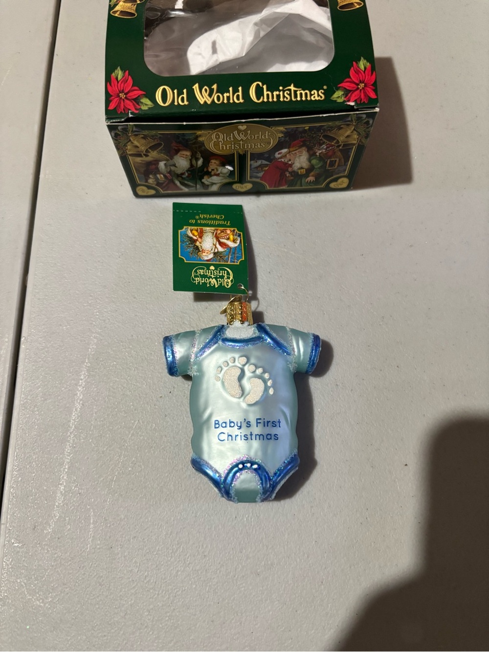 Old World Christmas Blue "Baby's First Christmas" Onesie Ornament